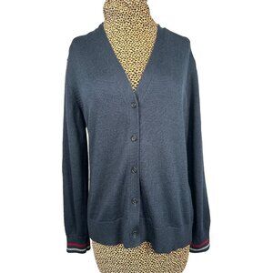 Brooks Brothers Large Womens Cardigan Striped Wrists Navy Blue V-Neck Wool Blend